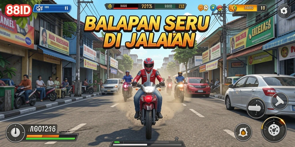 Gameplay balapan yang seru dalam 88ID dengan berbagai mobil dan trek.
