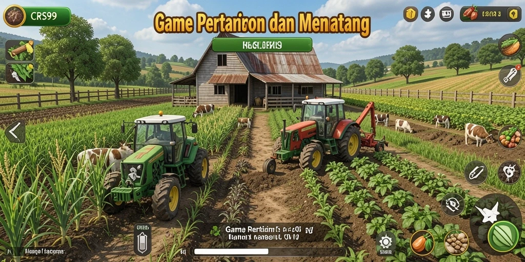 Screenshot gameplay CRS99 dengan tampilan ladang yang subur dan aktivitas bertani.
