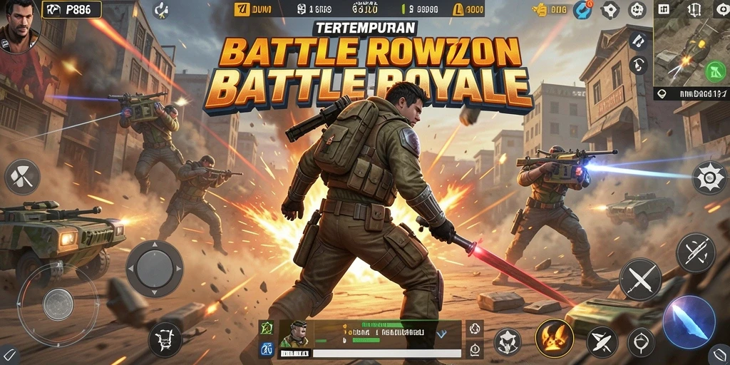 Screenshot gameplay RP886 menampilkan aksi mendebarkan dalam pertempuran Battle Royale.